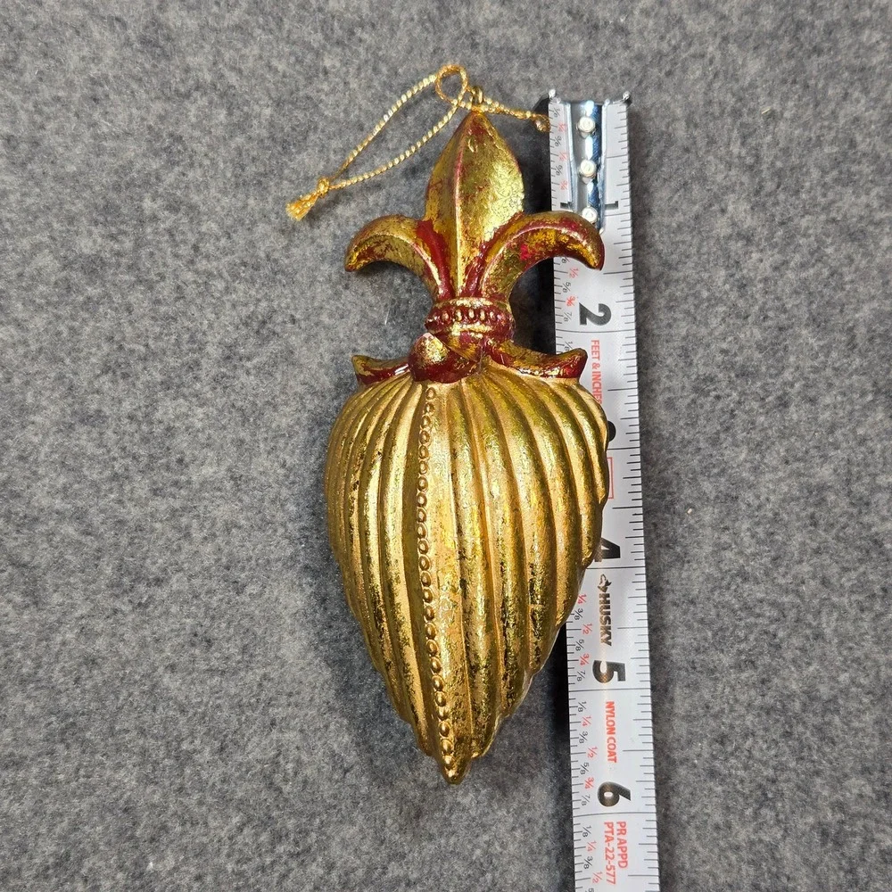 Vintage Fleur De Lis Christmas Ornament Gold Red Antiqued Teardrop 6 Inch